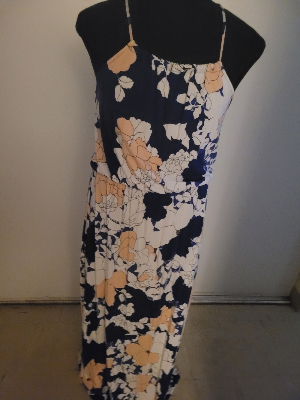 Navy Floral Maxi Dress with Peach Accents